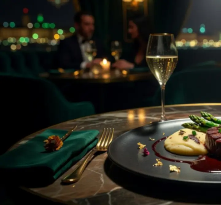 Elegáns vacsorajelenet a Hungarian Venue Hub mélyzöld enteriőrjében