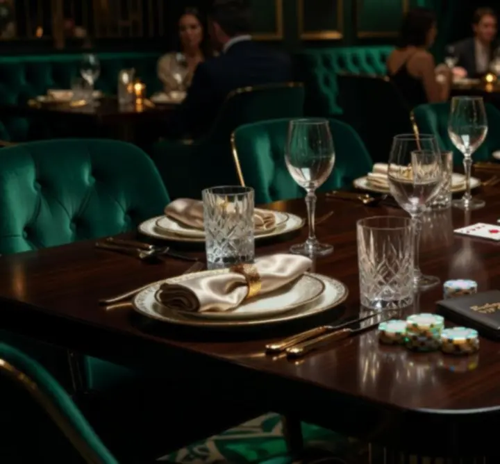 Luxus megterített asztal félhomályos, exkluzív lounge környezetben.